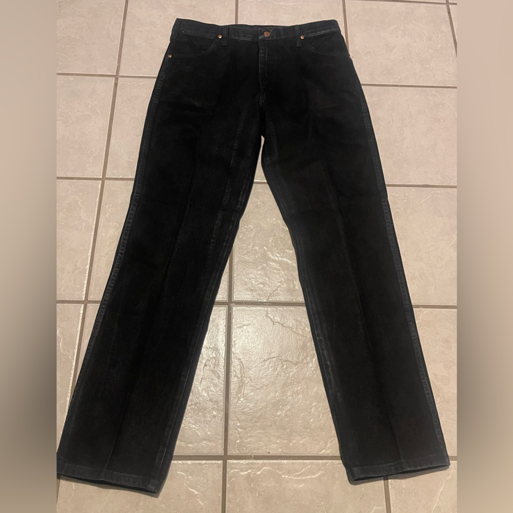 Wrangler Black Straight Leg Denim Jeans with Tan Accents Size 38X34